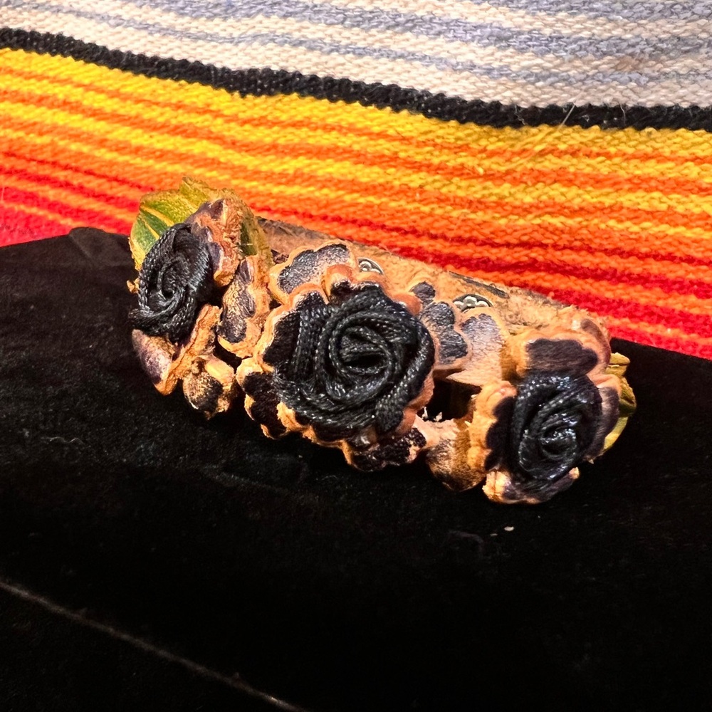 Black Rose Dahlia Ribbons in Green and Brown Petal Accents Real Leather Bracelet